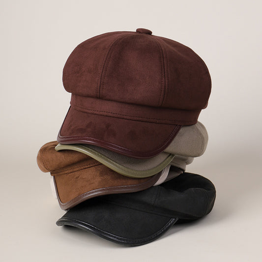 Women's Suede Newsboy Cap Japanese Style PU Brimmed Hat