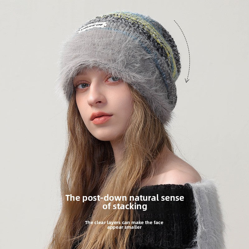 Warm Color Block Striped Fleece Beanie
