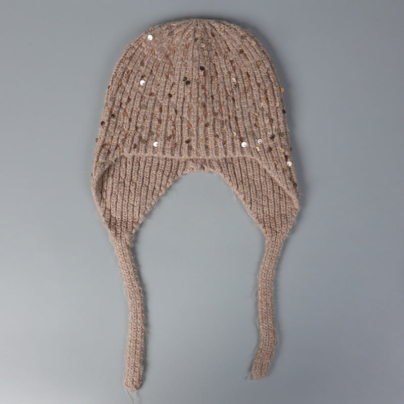 Warm Sequin Rabbit Fur Knitted Hat with Ear Protection