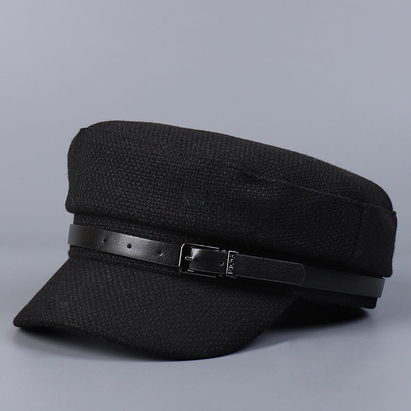 Woolen Navy Hat Leather Metal Buckle Flat Top Hat