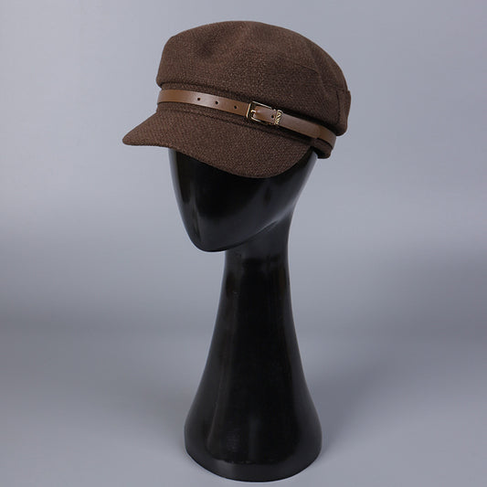 Woolen Navy Hat Leather Metal Buckle Flat Top Hat