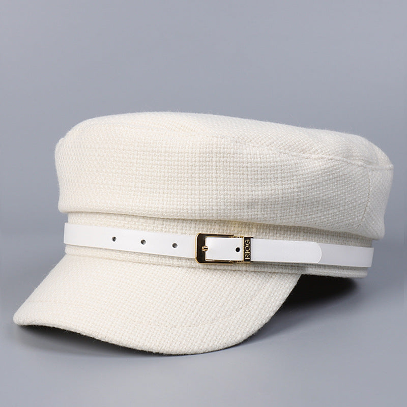 Woolen Navy Hat Leather Metal Buckle Flat Top Hat