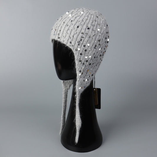 Warm Sequin Rabbit Fur Knitted Hat with Ear Protection