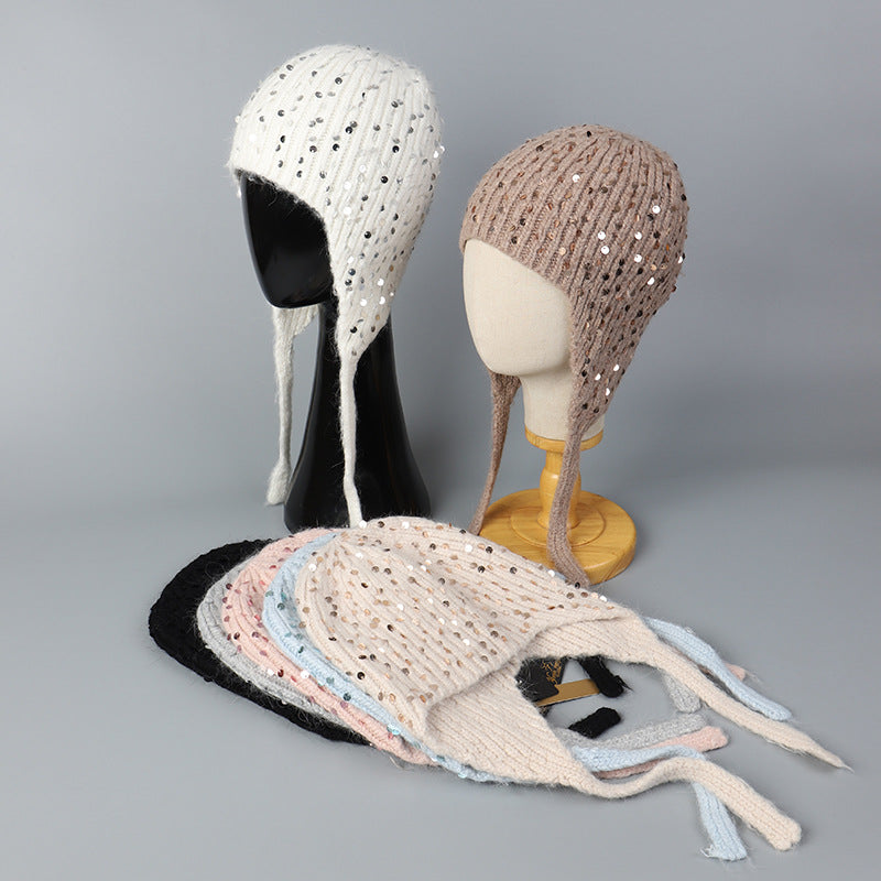 Warm Sequin Rabbit Fur Knitted Hat with Ear Protection