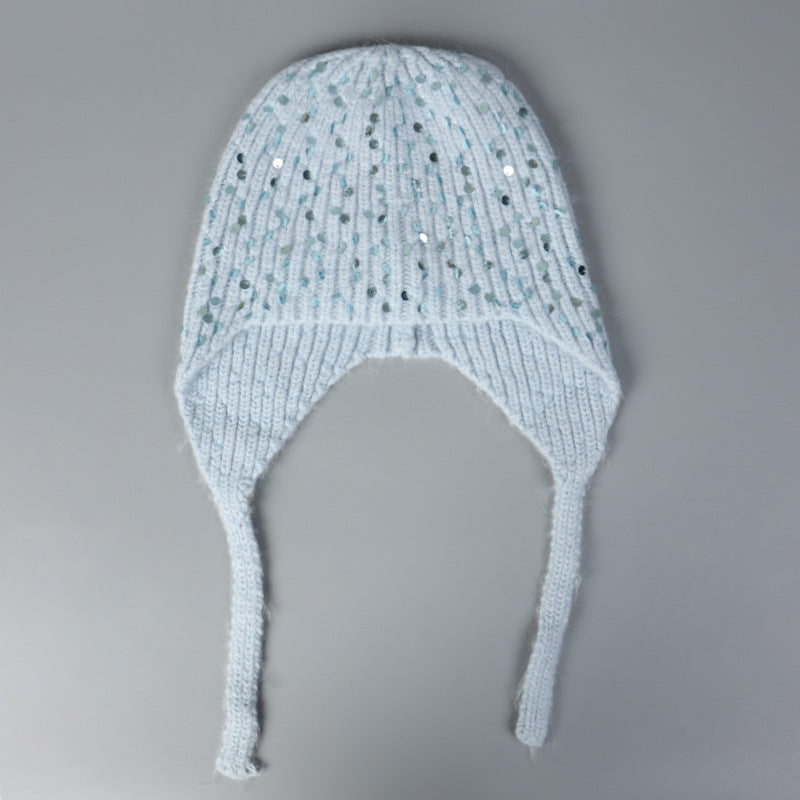 Warm Sequin Rabbit Fur Knitted Hat with Ear Protection