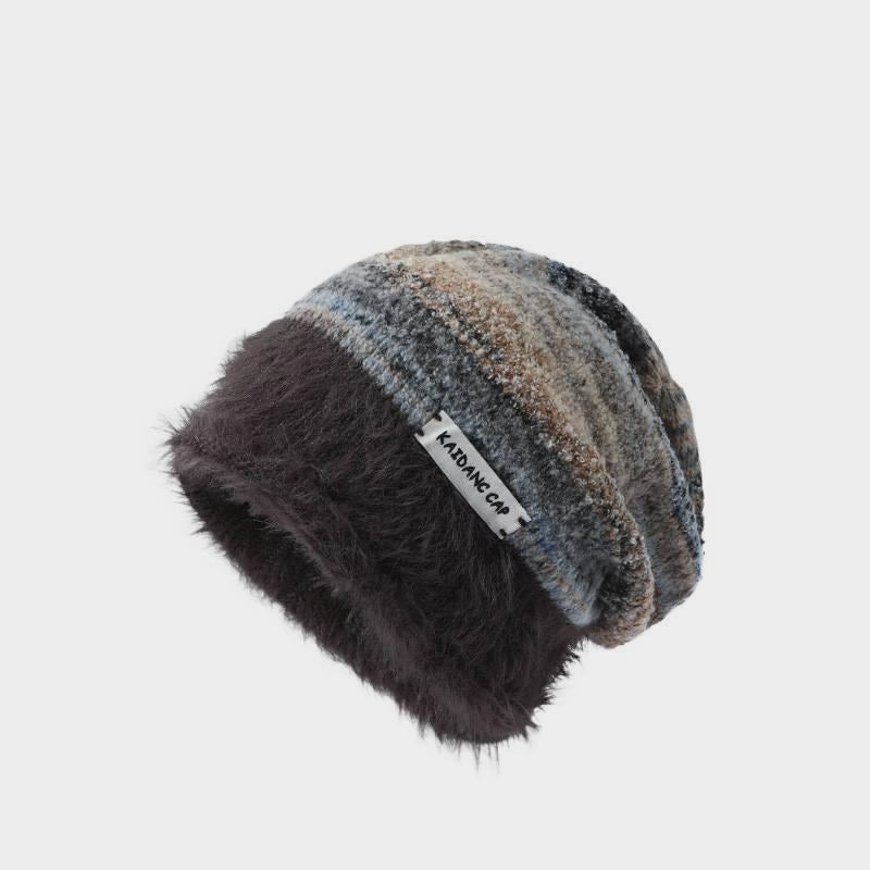 Warm Color Block Striped Fleece Beanie