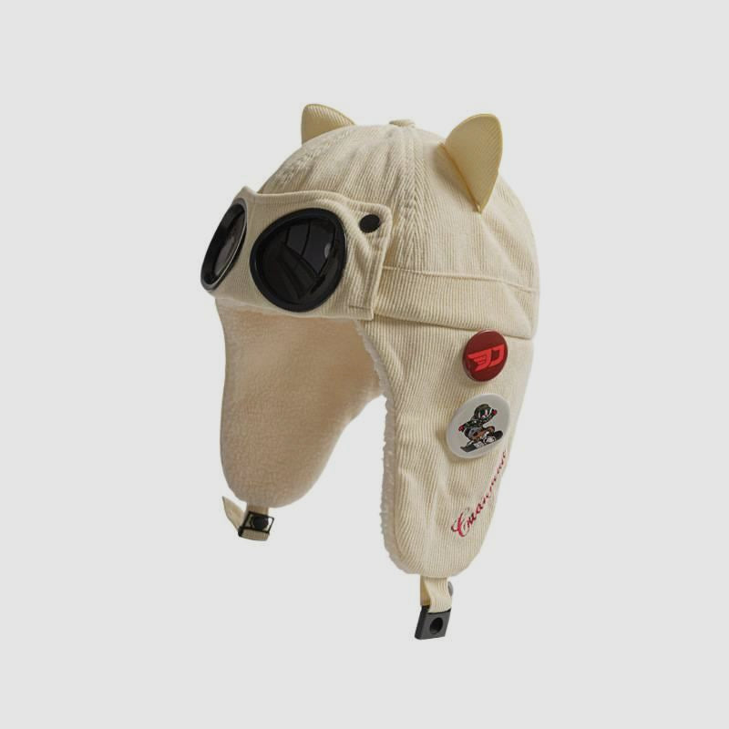 Cat Ear Fleece Lined Ski Aviator Hat With Sunglasses