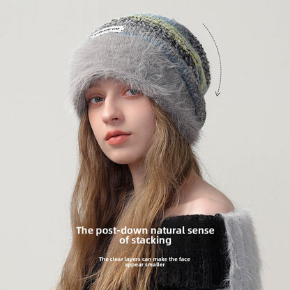 Warm Color Block Striped Fleece Beanie