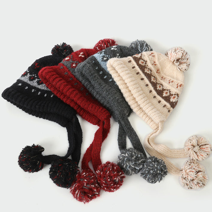 Autumn Winter Outdoor Fair Isle Drawstring Ear Flap Hat