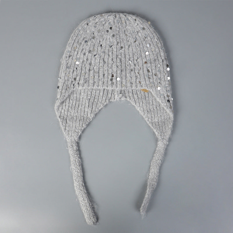 Warm Sequin Rabbit Fur Knitted Hat with Ear Protection