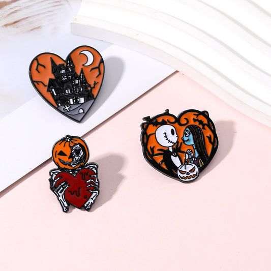 Halloween Skull Pumpkin Badge Brooch