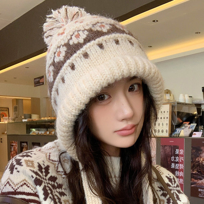 Autumn Winter Outdoor Fair Isle Drawstring Ear Flap Hat