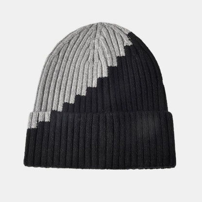 Warm Knitted Hat with Color Block and Rolled Edge Ear Protection