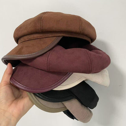 Women's Suede Newsboy Cap Japanese Style PU Brimmed Hat