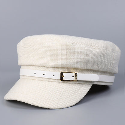 Woolen Navy Hat Leather Metal Buckle Flat Top Hat