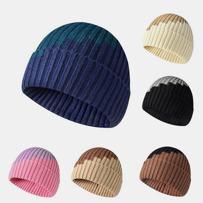 Warm Knitted Hat with Color Block and Rolled Edge Ear Protection