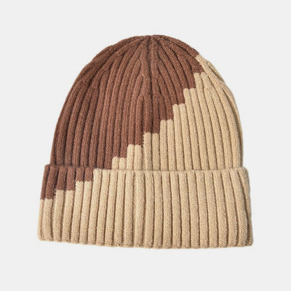 Warm Knitted Hat with Color Block and Rolled Edge Ear Protection