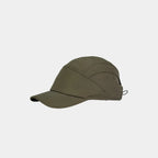 Lightweight nylon sports cap in khaki green, angled view showing the low-profile crown and tonal panel stitching