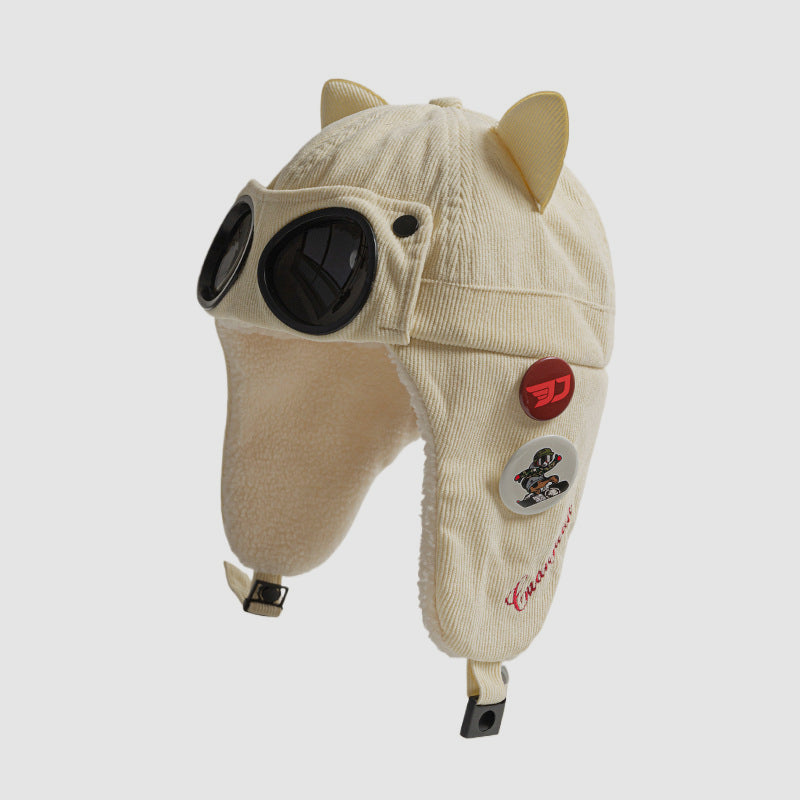 Cat Ear Fleece Lined Ski Aviator Hat With Sunglasses