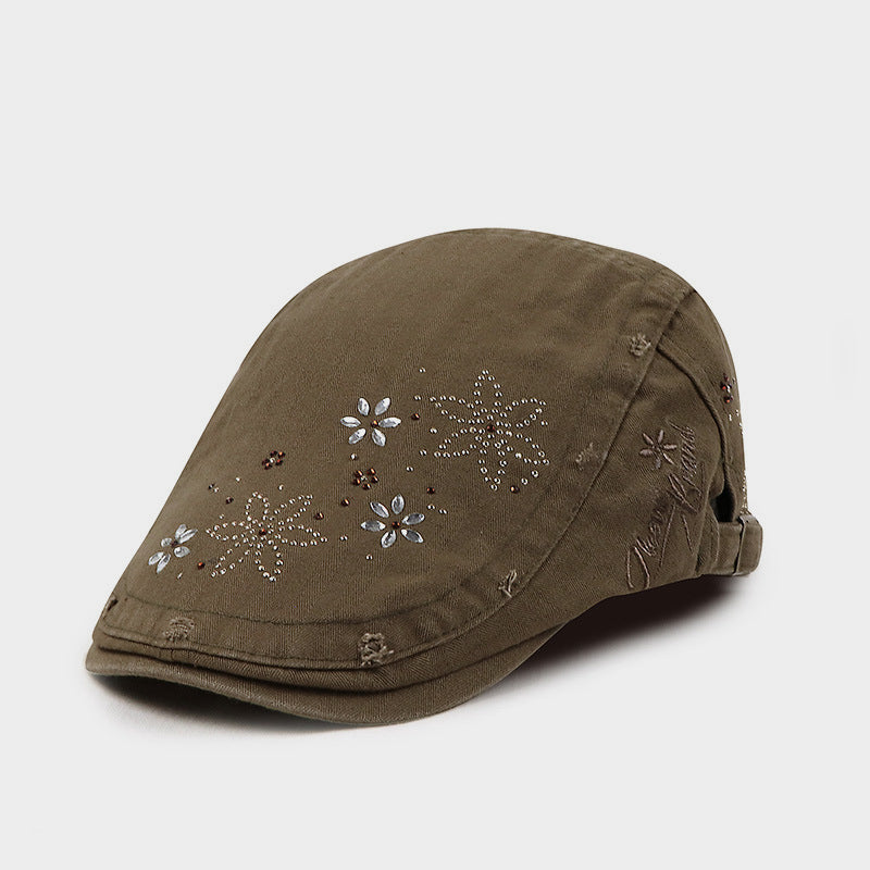 Washed Rhinestone Vintage Flat Cap