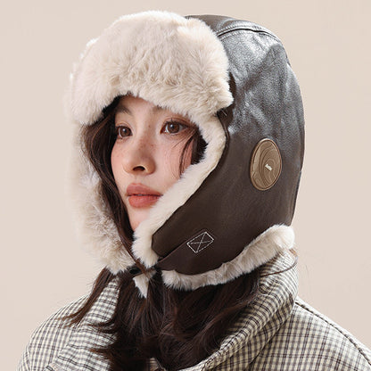 Retro Leather Fleece-Lined Warm Aviator Hat
