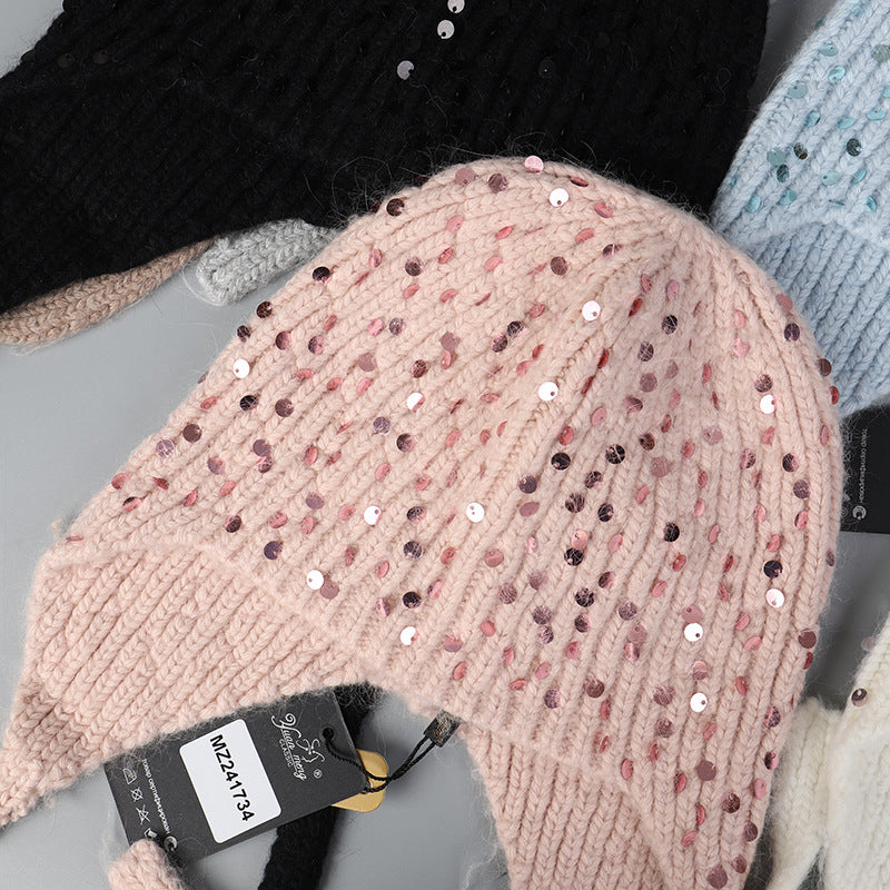 Warm Sequin Rabbit Fur Knitted Hat with Ear Protection
