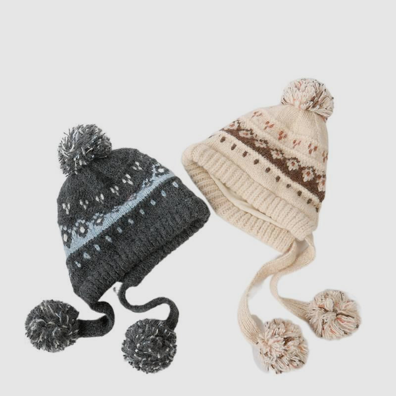 Autumn Winter Outdoor Fair Isle Drawstring Ear Flap Hat