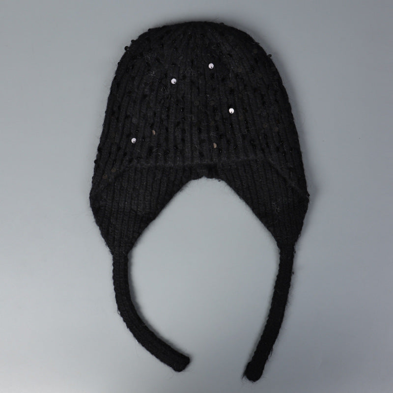 Warm Sequin Rabbit Fur Knitted Hat with Ear Protection