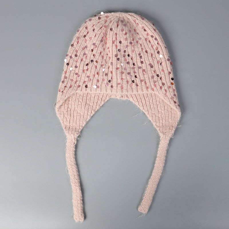 Warm Sequin Rabbit Fur Knitted Hat with Ear Protection