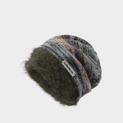 Warm Color Block Striped Fleece Beanie