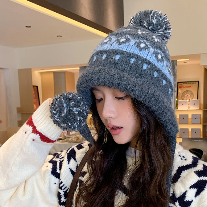 Autumn Winter Outdoor Fair Isle Drawstring Ear Flap Hat