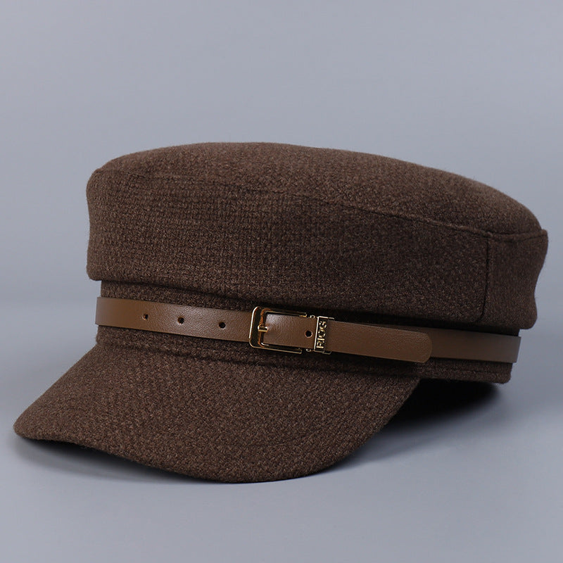 Woolen Navy Hat Leather Metal Buckle Flat Top Hat