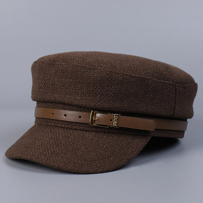 Woolen Navy Hat Leather Metal Buckle Flat Top Hat