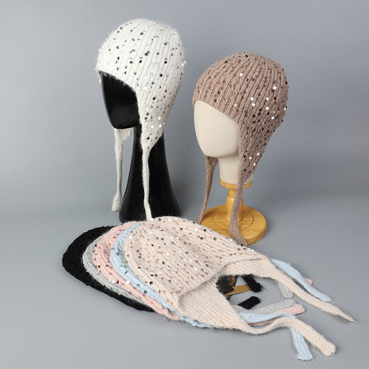 Warm Sequin Rabbit Fur Knitted Hat with Ear Protection