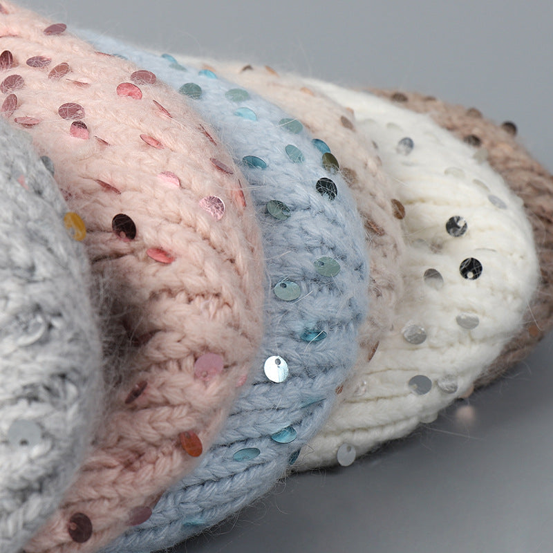 Warm Sequin Rabbit Fur Knitted Hat with Ear Protection