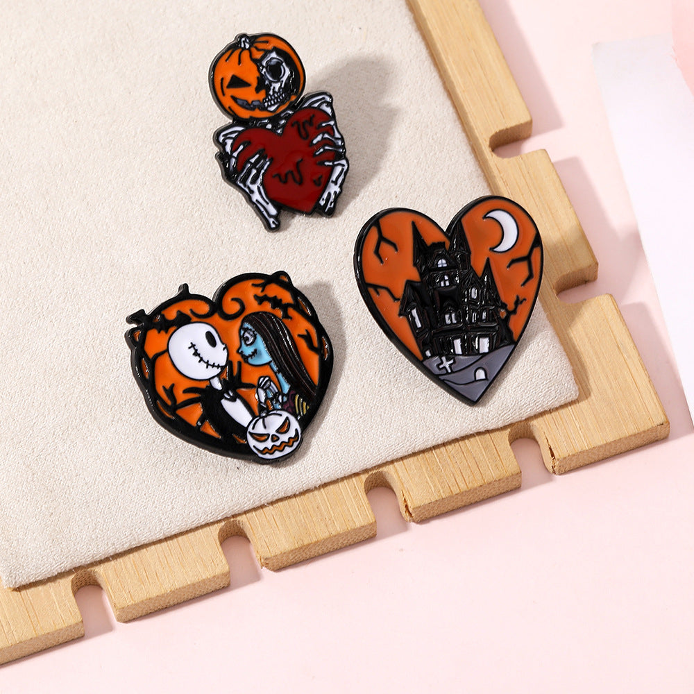 Halloween Skull Pumpkin Badge Brooch