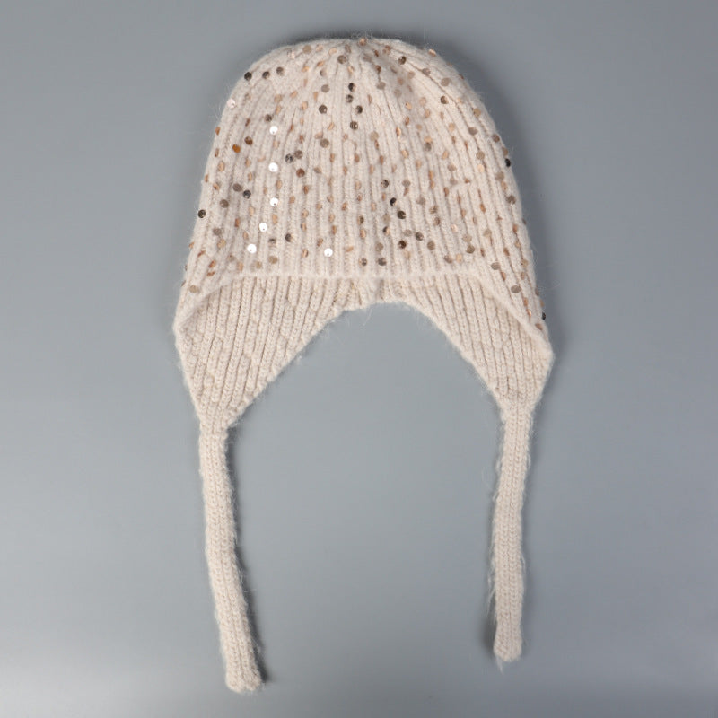 Warm Sequin Rabbit Fur Knitted Hat with Ear Protection