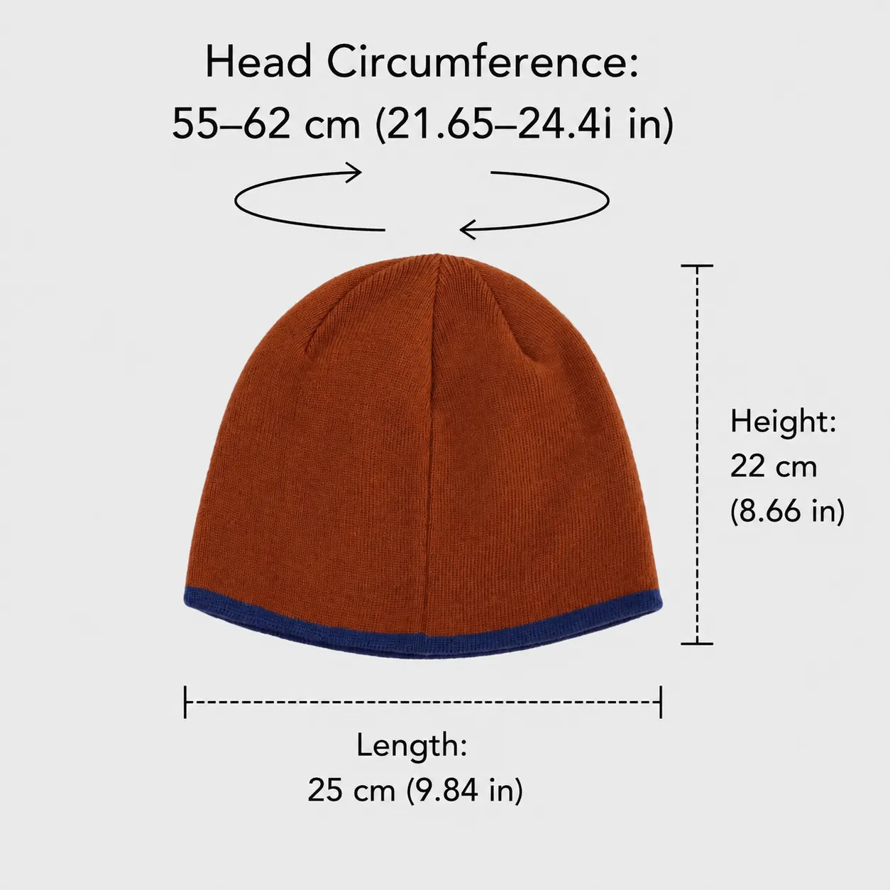Acrylic beanie size guide showing head circumference, height and length measurements