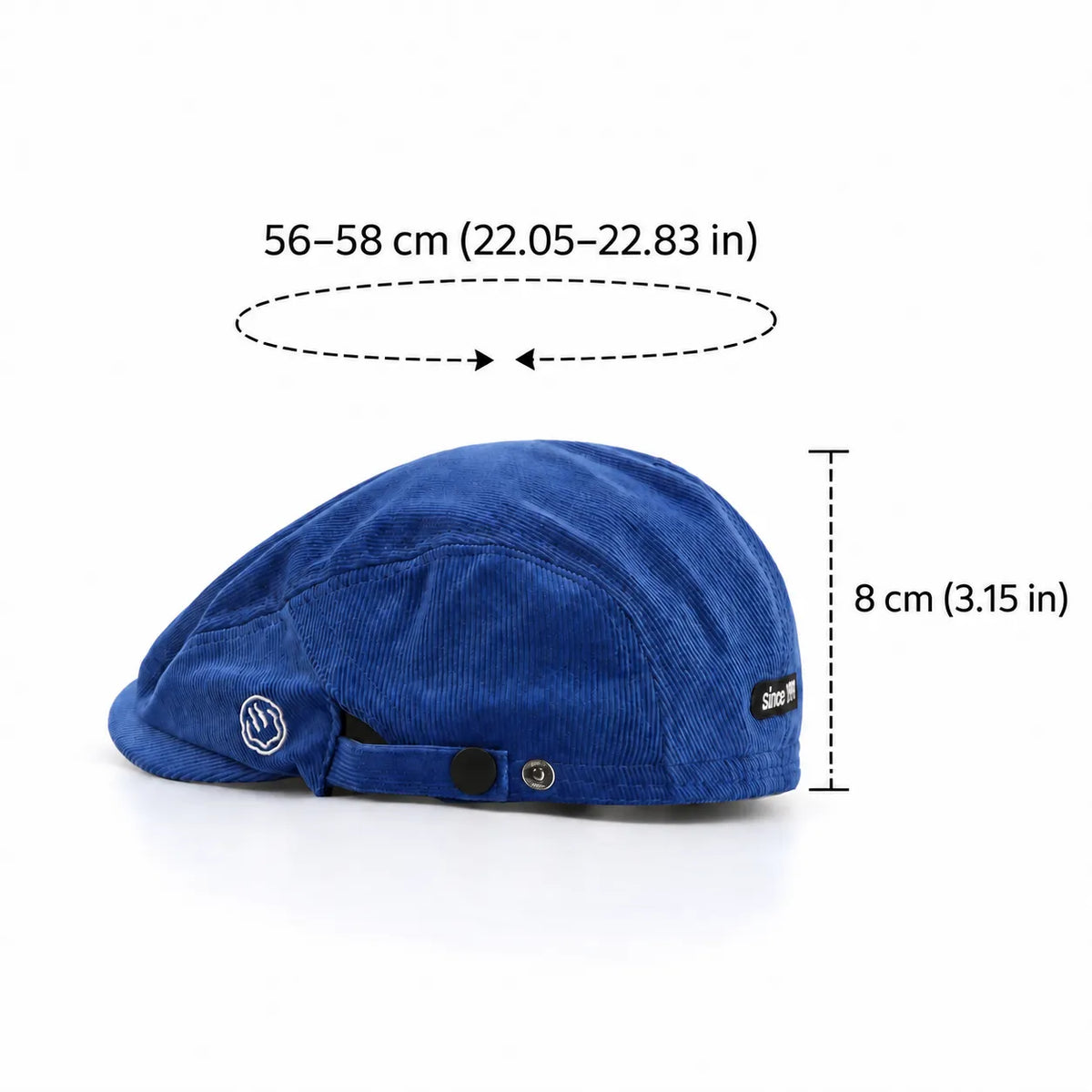 Adjustable cotton flat cap in royal blue, size guide showing a 56–58 cm fit and an 8 cm crown
