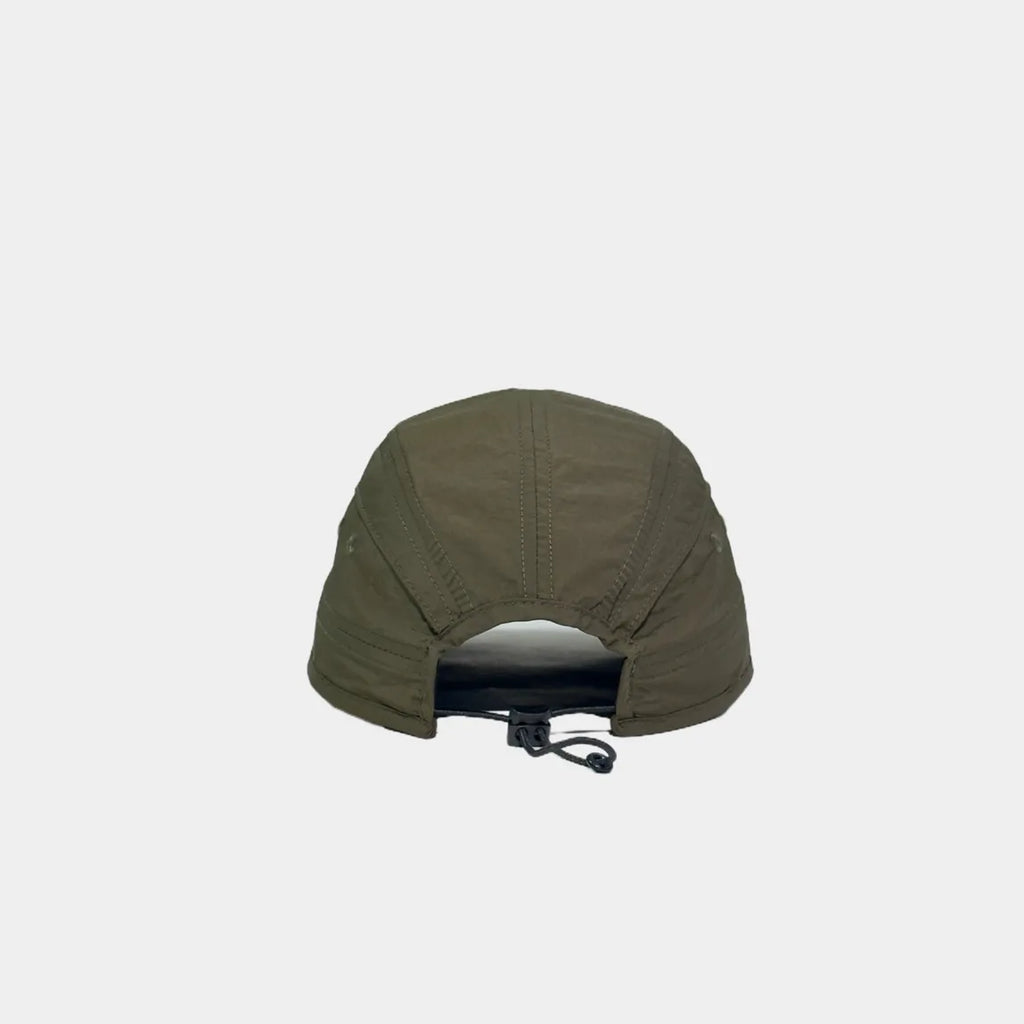 Adjustable nylon cap in khaki green, rear view showing the open back, stitched panels and bungee toggle