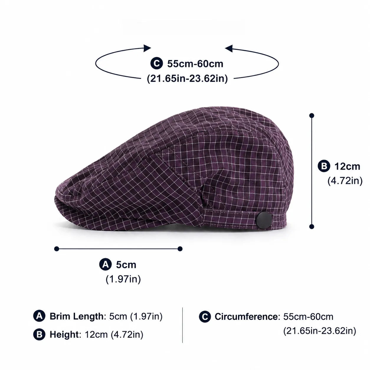 Size guide for an adjustable plaid flat cap with a 5 cm brim, 12 cm height and 55–60 cm circumference.
