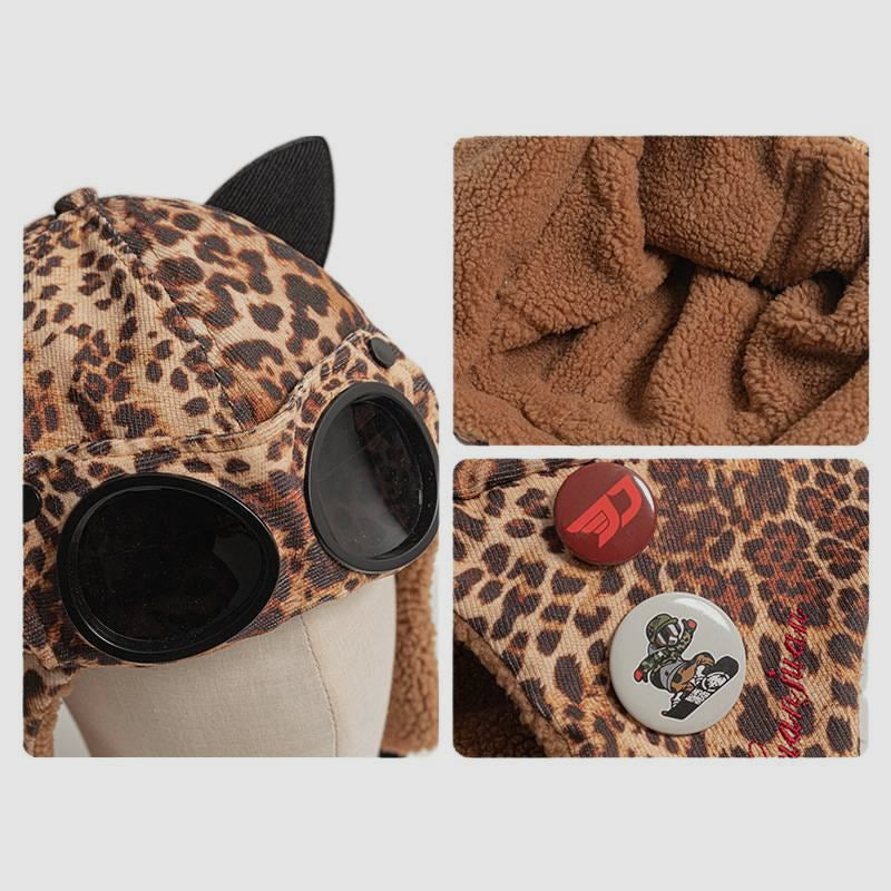 Cat Ear Fleece Lined Ski Aviator Hat With Sunglasses