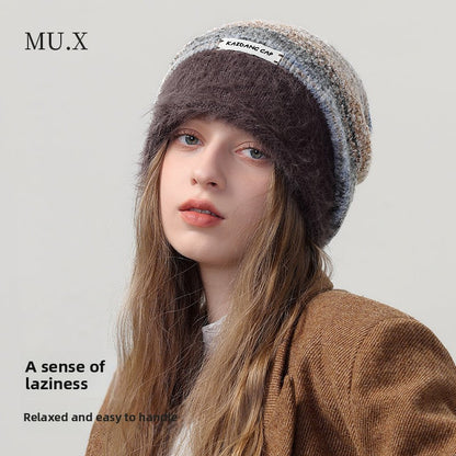 Warm Color Block Striped Fleece Beanie