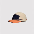 Beige and orange nylon camp cap with colour block 5 panel design