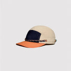 Beige and orange nylon camp cap with colour block 5 panel design