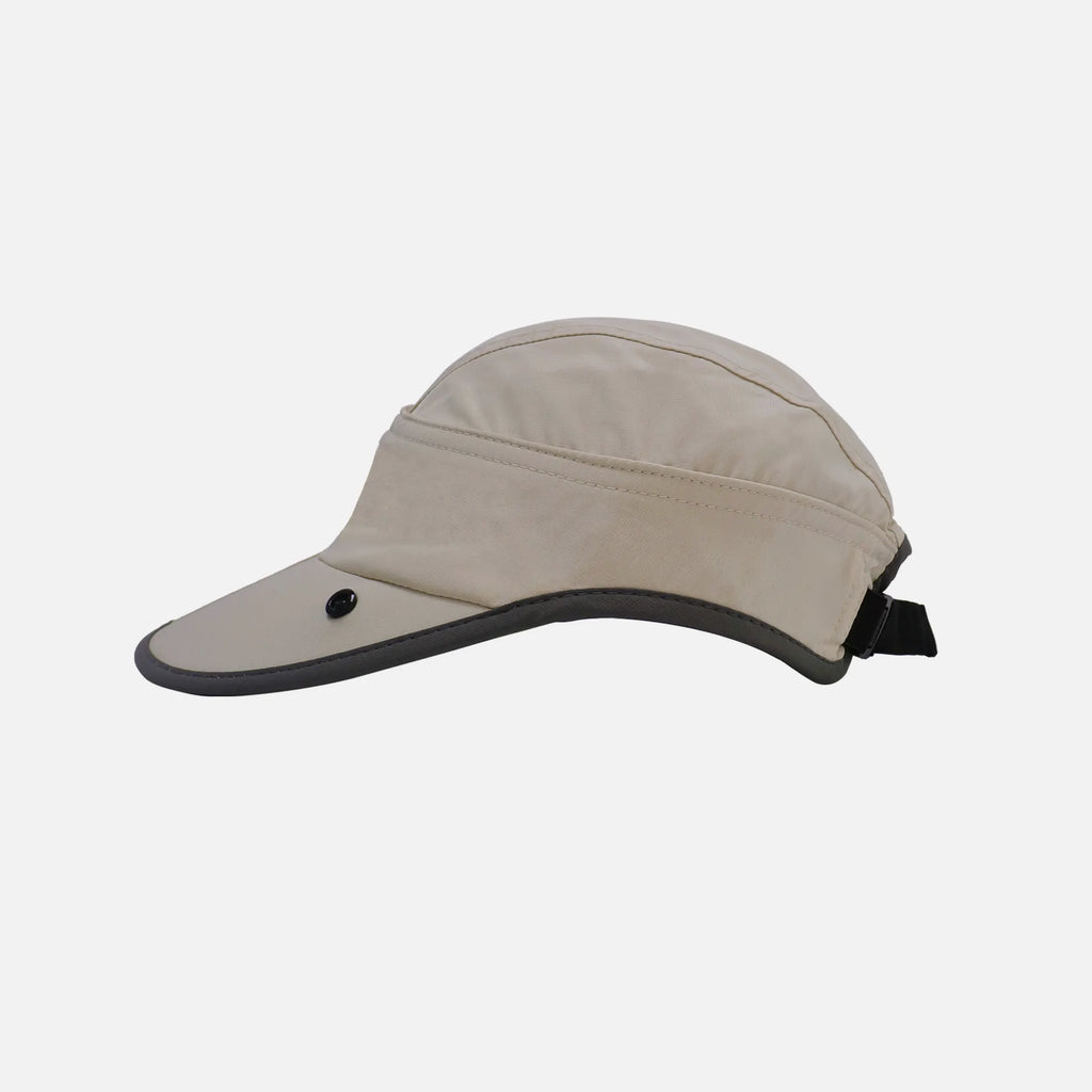 Side profile of beige outdoor peaked sun hat without neck flap, adjustable rear buckle, foldable portable quick dry cap for daily outdoor travel