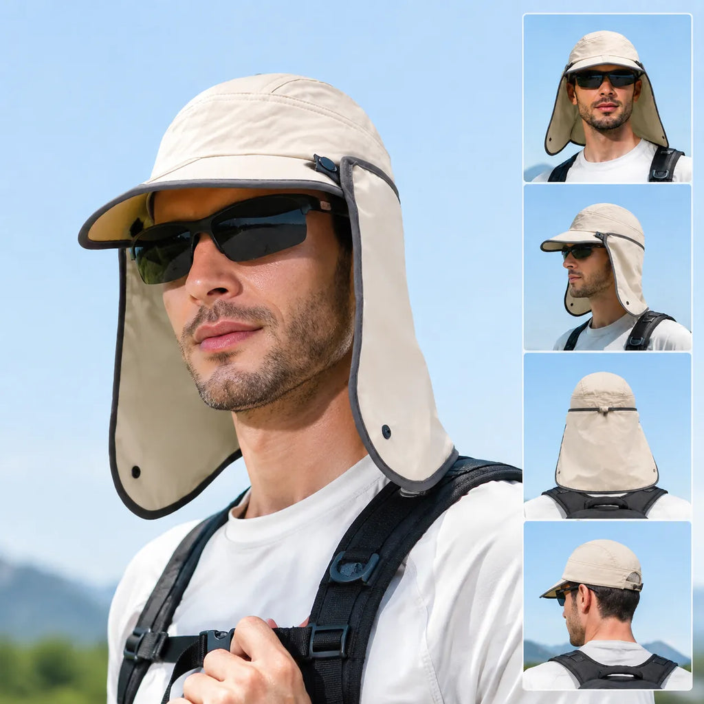 Multi-angle outdoor lifestyle photo of beige sun hat with detachable neck flap, adjustable head circumference, full face and neck UV protection for men women