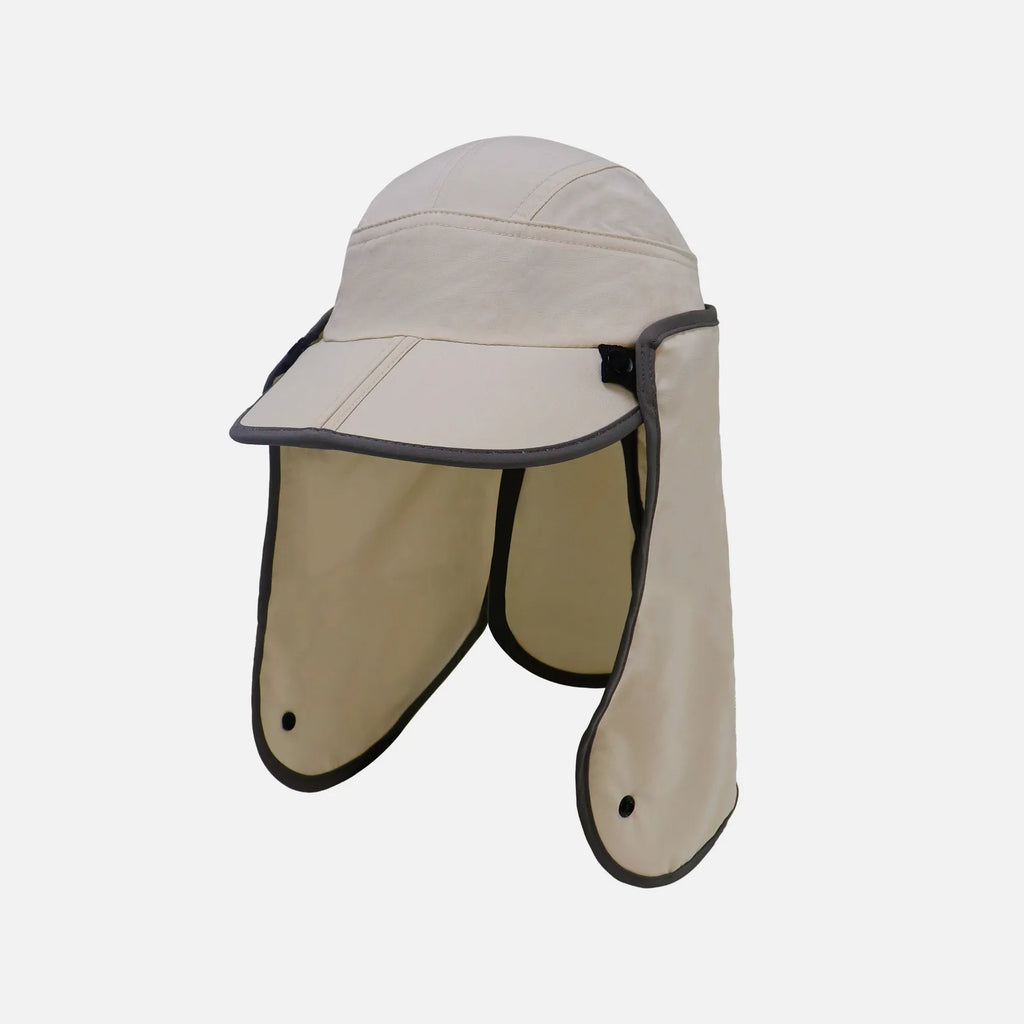 Side view beige outdoor sun hat with detachable neck flap, UPF50+ full face and neck UV protection, lightweight quick dry cap for fishing hiking camping