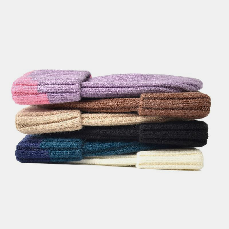 Warm Knitted Hat with Color Block and Rolled Edge Ear Protection