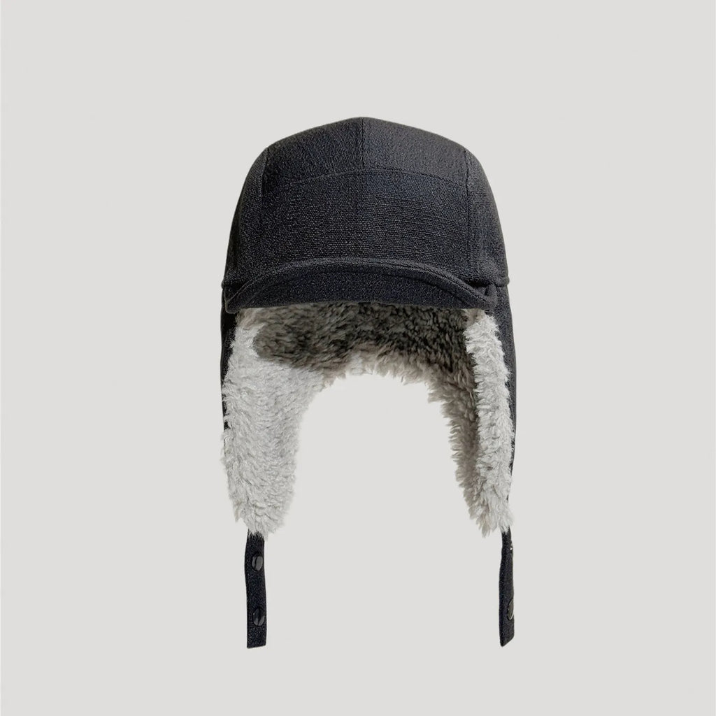 Black cotton linen trapper hat with vintage aviator inspired design